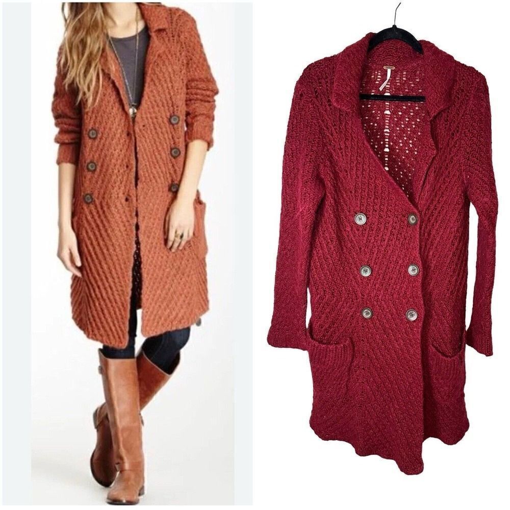 Free People Knit Long Draped Cardigan Sweater Red Wool Alpaca Large